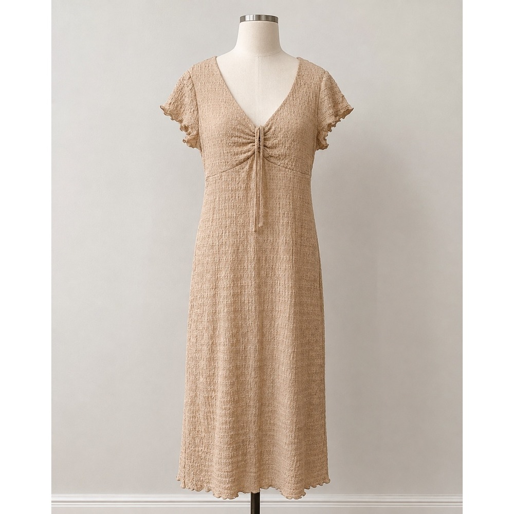 No Comment Tan Beige Textured Crinkle Midi Dress XL NWT RK536524 Short Sleeve